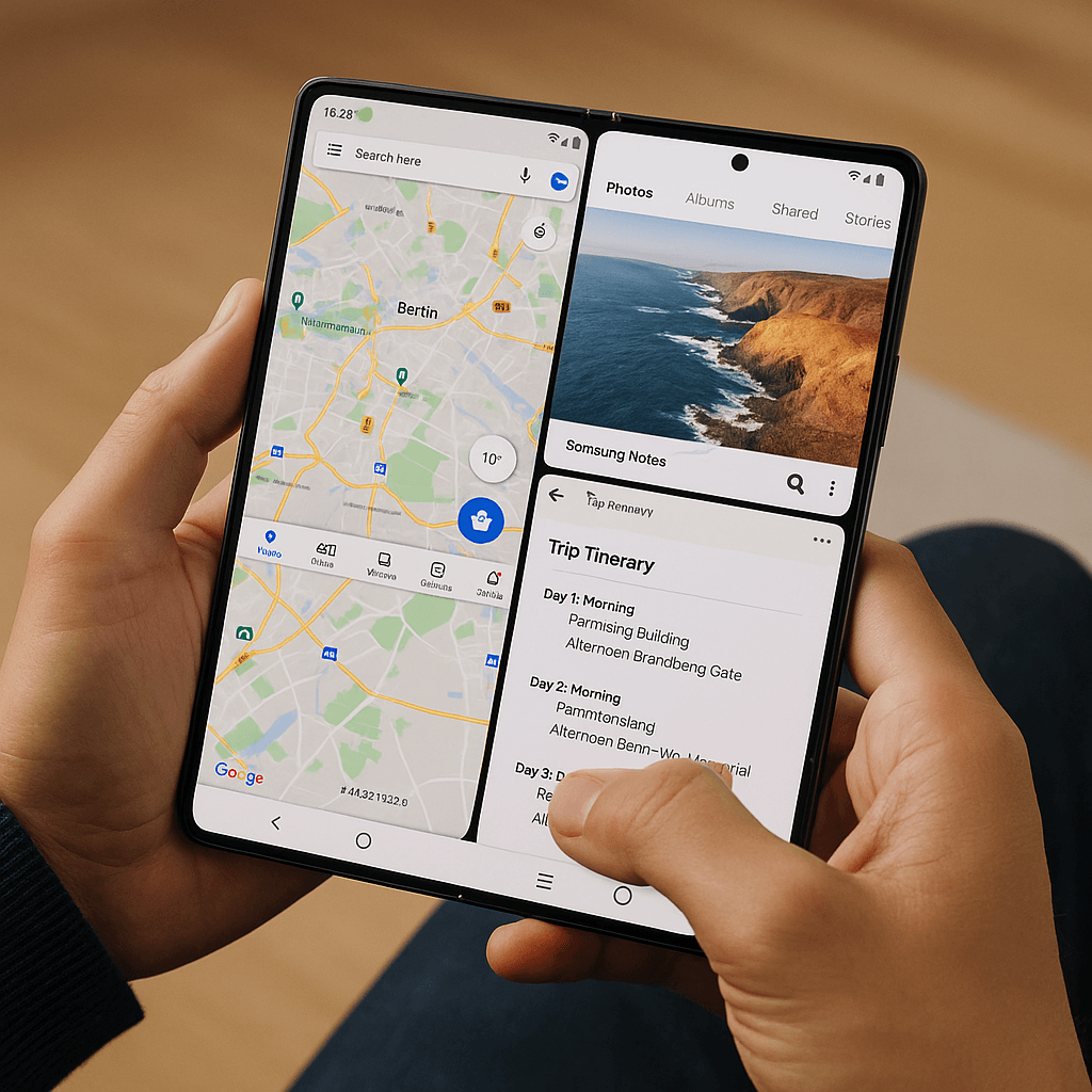 Usuário segurando Galaxy Z Fold 7 aberto com múltiplas janelas na tela demonstrando multitarefa.
