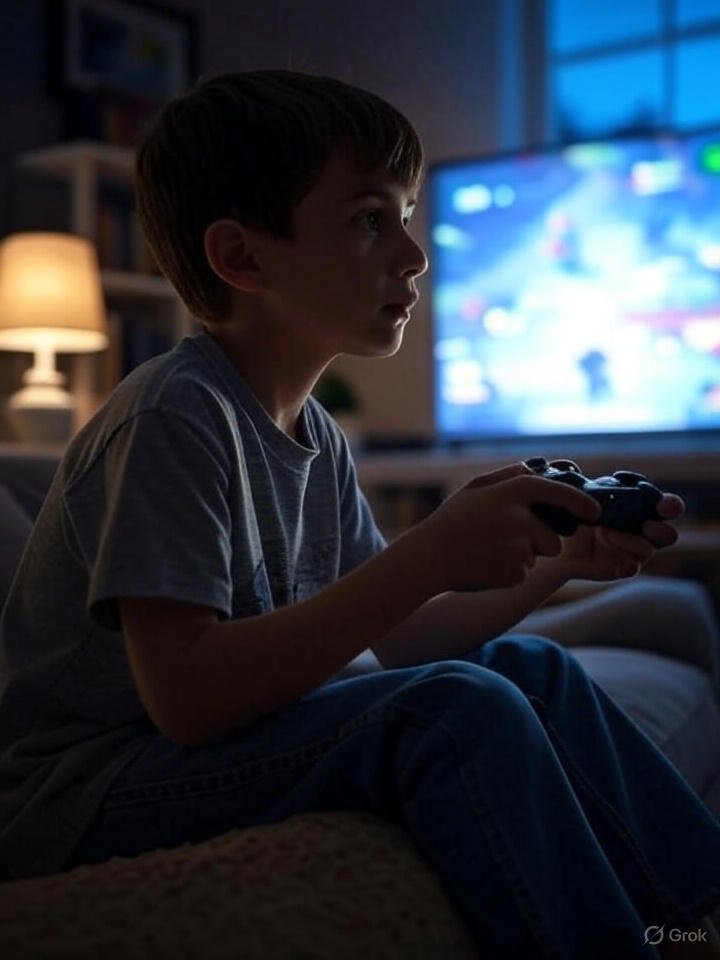 Criança jogando videogames de forma equilibrada no desenvolvimento infantil