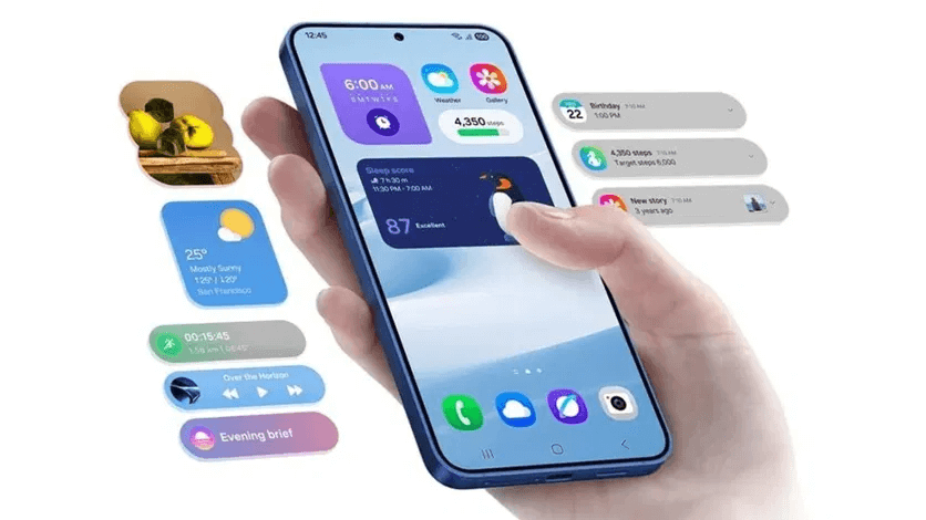 Interface da One UI 8.5 com Android 16 Samsung exibida em smartphone Galaxy S24, mostrando widgets inteligentes, notificações flutuantes e design aprimorado.