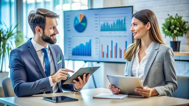 Economistas brasileiros analisando gráficos de impacto econômico em mesa de reunião