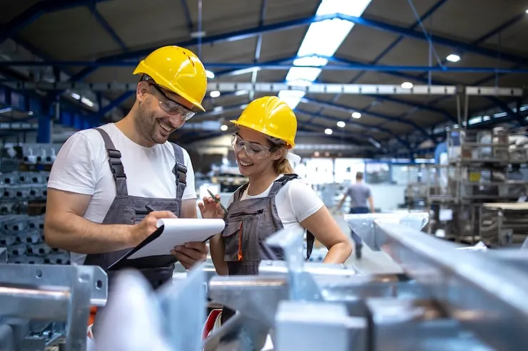 Trabalhadores da indústria siderúrgica brasileira em linha de produção, demonstrando preocupação