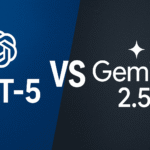 Comparação entre GPT-5 e Gemini 2.5, destacando os logos e nomes das inteligências artificiais GPT-5 da OpenAI e Gemini 2.5 do Google