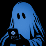 Ilustração de fantasma digital segurando celular com logo do Pix, representando o golpe mão fantasma e fraudes no Pix