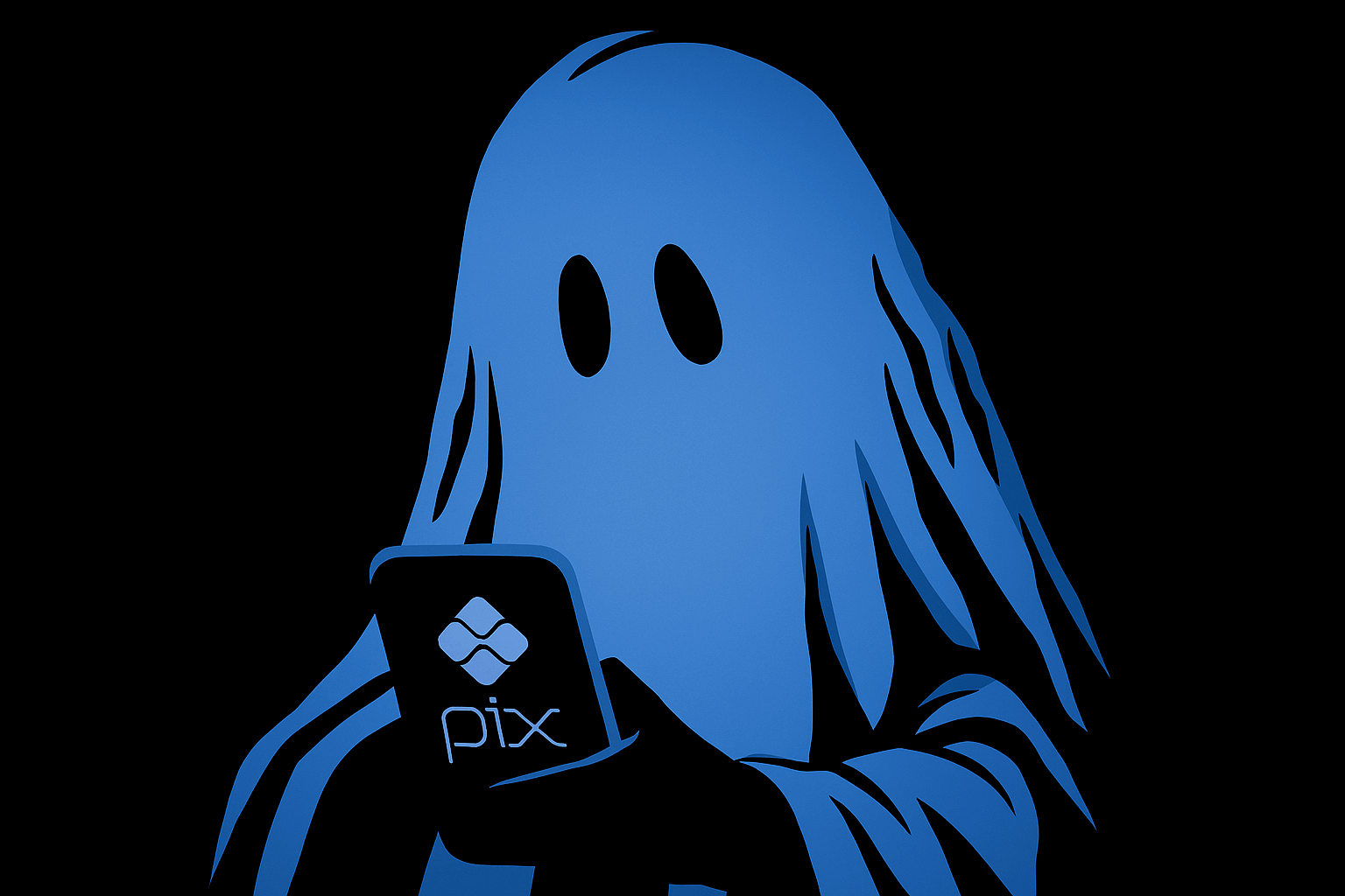 Ilustração de fantasma digital segurando celular com logo do Pix, representando o golpe mão fantasma e fraudes no Pix
